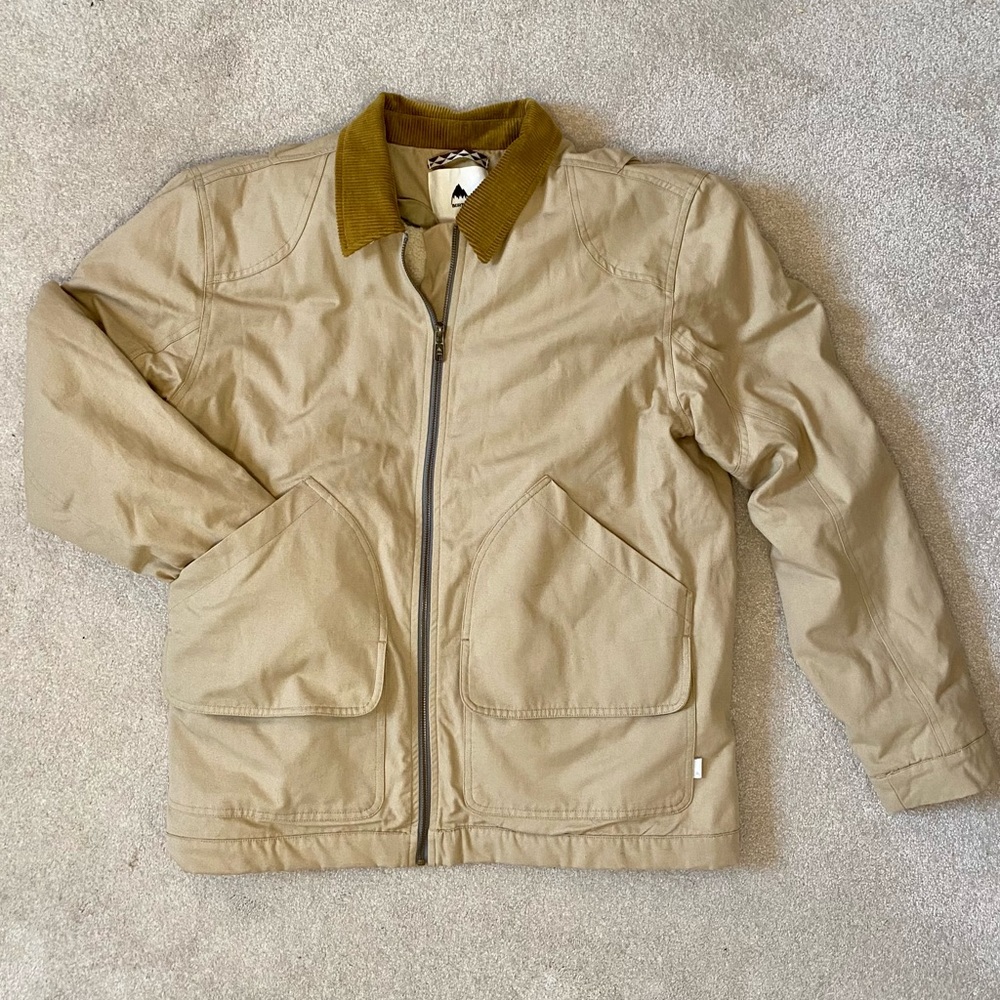 Men’s Burton L khaki jacket coat with removable sherpa liner and corduroy collar